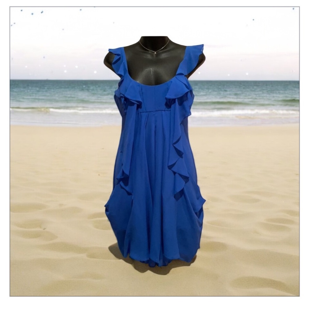 BCBG MaxAzria Doris dress-100% silk -blue-ruffles-
pockets,adjustable straps- 😍